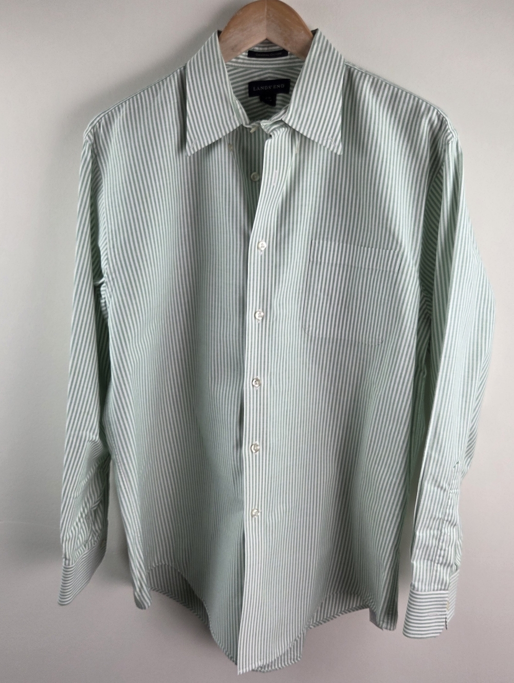 Lands End Oxford Shirt Mens 16 33 Green Long Sleeve Button Down Striped Cotton